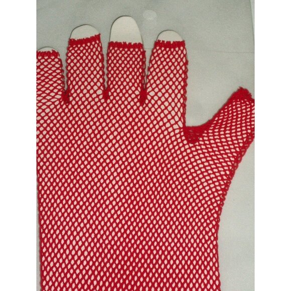 Red Fishnet Halloween Costume Fingerless Gloves Elbow Length 80s Theatre Dance - Picture 2 of 2